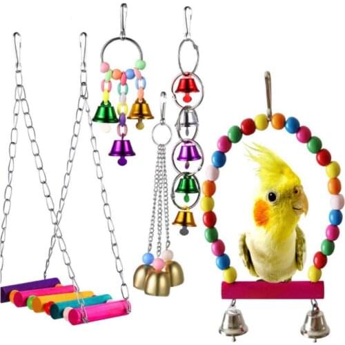 Parrot Bird Swing Stand Chewing Toy Hanging Bell For Parakeets Cockatiels Small Birds Wooden Durable Colorful Rope Bite Toys