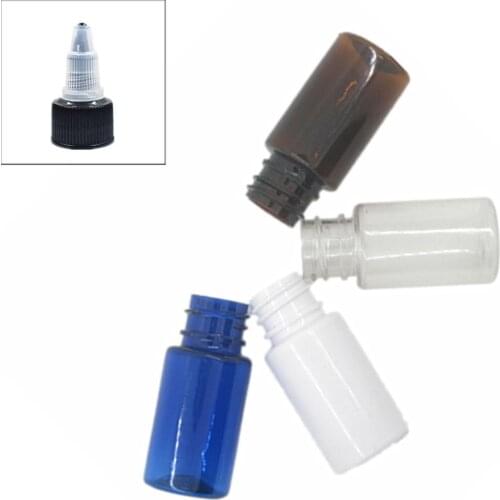 Clear/white/amber/blue PET bottle，10ml round empty Plastic Bottles with black twist-open dispensing cap X 10