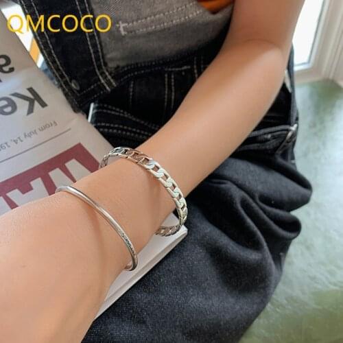 QMCOCO 925 Silver Bracelet For Woman New Trend Punk Vintage Simple Smiley Face Geometry Adjustable Bangles Party Jewelry Gifts