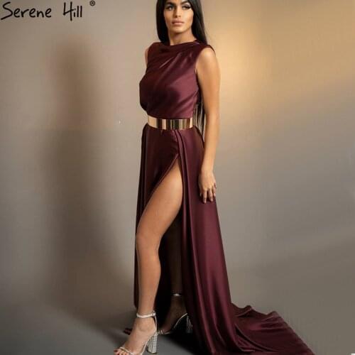 Serene Hill Wine Red High Split Evening Dresses Gowns 2021 Sashes Simple Satin A-Line For Women Party LA71137