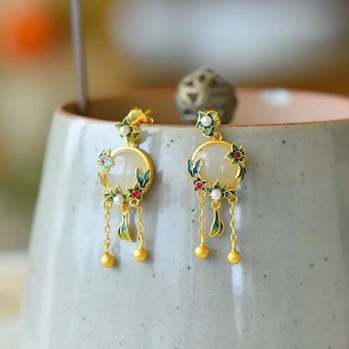 Unique craftsmanship inlaid enamel porcelain magnolia flower natural Hetian jade opening adjustable ring ladies silver jewelry