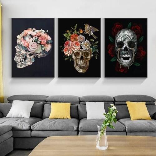 Wall Art Skull Head with Dollar Flower Canvas Paintings on The Wall Posters Prints Nordic Style Wall Picture for Home Decoration