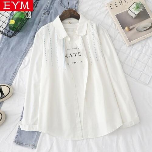 Simple Embroidery Print Shirt Tops Women 2021 Spring New Casual Loose White Blouse Lady Long Sleeve Blouses Ladies Clothes