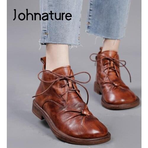 Johnature Genuine Leather Ankle Retro Shoes Women Boots Round Toe 2021 New Zip Sewing Lace-Up Handmade Concise Platform Boots