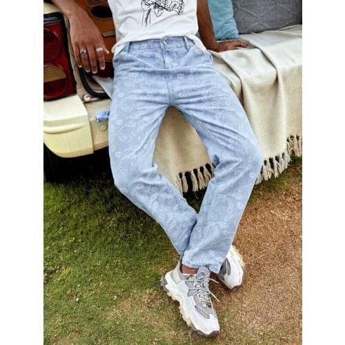 Women Denim Long Pants Straight Mid Waisted Embroidery Printing Light Blue Casual Streetwear Baggy Clothes Young Home Versatile