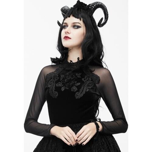 Eva Lady Womens Gothic Black Long Sleeve T-shirts Vintage Lace Slim Fit Stand Collar Party Tee Tops