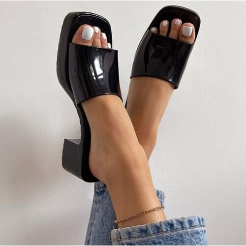 Brand Runway Show Female Square Heel Open Toe Slip On Chunky Heel Summer Fashion Slipper Woman Mules Shoes Sandals Jelly Shoes