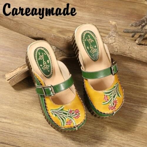 Careaymade-Folk style Head layer cowhide pure handmade Carved shoes, the retro art mori girl shoes,Womens casual Sandals 1908-6