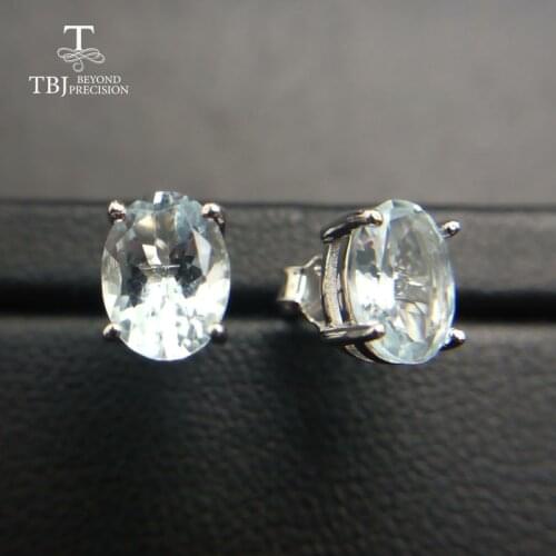 TBJ,Natural Aquamarine gemstone earring simple small classic earrings in 925 sterling sliver for girls women as engagement gift