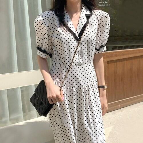Korean Chic French Elegant Lace Stitching Lapel Three Button Contrast Color Wave Point Waist Puff Sleeve Dress Women
