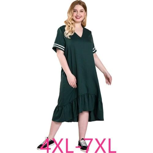 Female new summer plus size long dress for women large short sleeve loose casual straight V neck dresses green 4XL 5XL 6XL 7XL