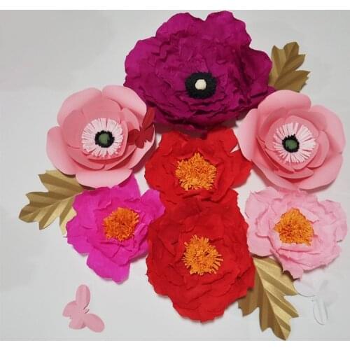 2018 Giant Crepe Paper Artificial Flowers 7PCS+Leaves 3PCS + Butterflies 3pcs Wedding & Event Deco Baby Nursery Windows Display
