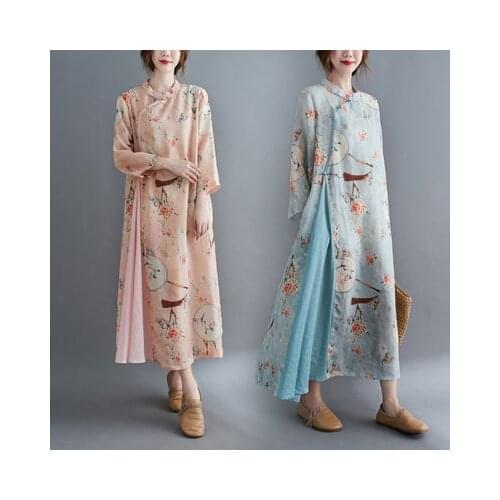 2021 chinese dress traditional printed dress qipao ladies evening dresses vintage cheongsam women long linen cheongsam dress