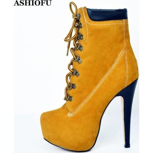 ASHIOFU New Wholesale Womens High Heel Boots Lace-up Platform Party Prom Ankle Boots Winter Evening Fashion Short Boots XD154