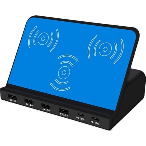 6Port 30W Type C PD QC3.0 USB Fast Charger 10W Wireless Charger Station Stand