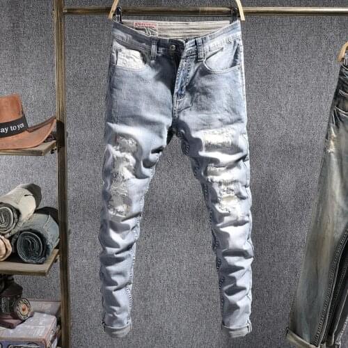 European American Street Fashion Men Jeans Retro Light Blue Slim Ripped Jeans Men Embroidery Designer Destroyed Hip Hop Pants
