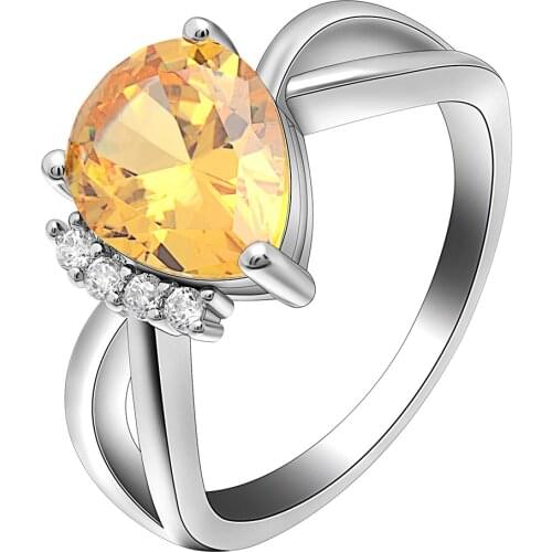 Elegant Cross Style Colorful Shinning Yellow Water Drop Shape Zircon Rings For Women Wedding Engagement Jewelry