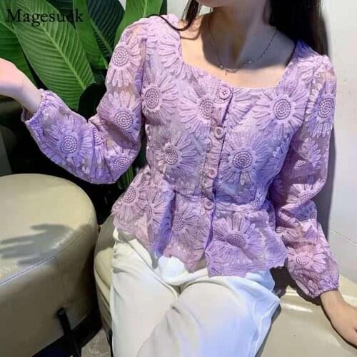 Autumn Lace Shirt Women Embroidery Flowers Square Collar Slim Woman Shirts Single-breasted Elegant Lady Tops Blusas Mujer 15599