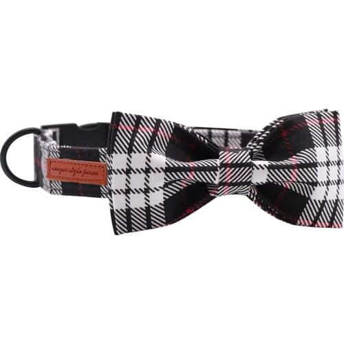 Black Plaid Cotton Fabric Dog Collar and Leash Set with Bow Tie for Big and Small Dog Metal Buckle Pet Accessories