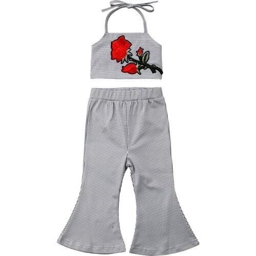1-5T Little Girls Rose Floral Clothes Sets Baby Girl Summer Flower Loose Outfit Clothing Tops Vest+Bell-Bottom Pants Outfits