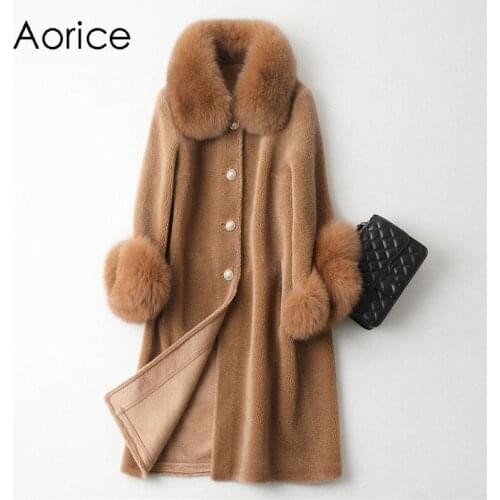 Aorice A19003 Lady Real wool sheep shearing fur coat women fox collar winter warm genuine fur coat winter warm coat