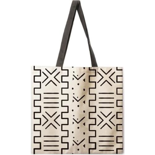 Black and white pattern linen fabric casual tote bag foldable shopping bag reusable beach bag lady shoulder bag
