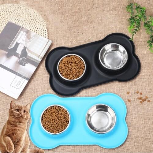 Antislip Double Dog Bowl With Silicone Mat Durable Stainless Steel No Spill Pet Cat food Feeding Bowl Drinking Water Food Feeder