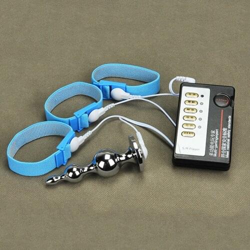 Sex Product Electro Shock Metal Beads Anal Plug Massager & Electric Shock Time Delay Penis Stimulator Cock Ring Sex Toys For Men