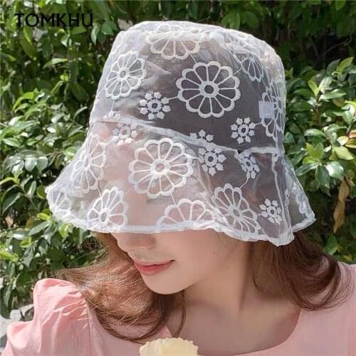 Hot Sale Female Hollow Lace Mesh Flower Vintage Bucket Capes Summer Japan Korea Breathable Thin Sunshade Fisherman Sun Hats New