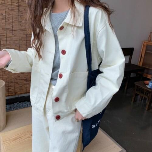 2020 Women Autumn Vintage Brief Beige Short Jacket Full Sleeve Turn-down Collar Straight Loose Coat Single Breasted