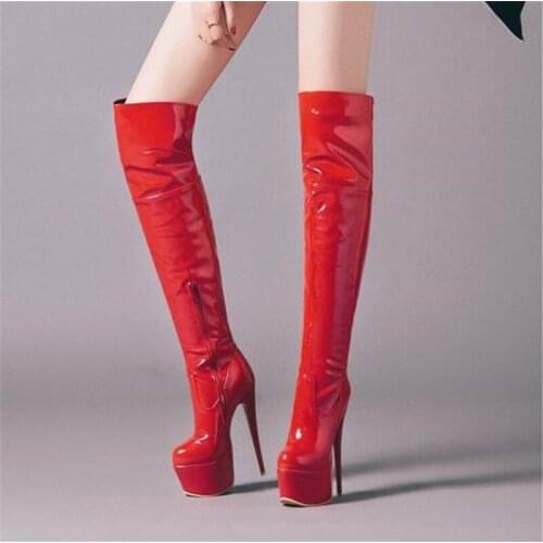 PXELENA European Dance Nightclub Extreme 15CM Stiletto High Heels Platform Over The Knee Boots Women Patent Leather Boots Shoes