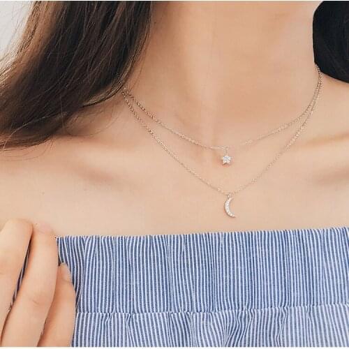 925 sterling silver long star moon necklaces pendant fashion sterling-silver-jewelry statement necklace for Women