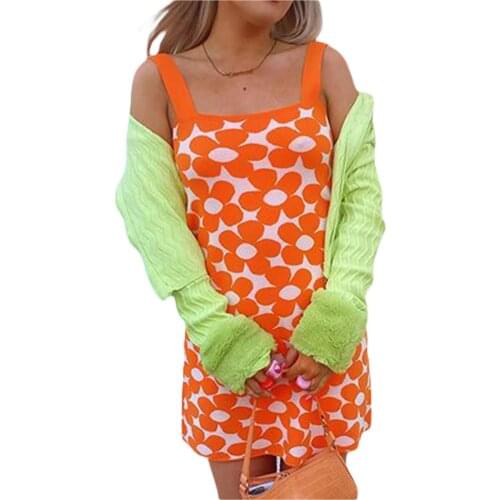 Women Summer Knit Skirt Flower Wide Shoulder Strap Square Neck Sleeveless Slip Dress for Girls Orange/Yellow