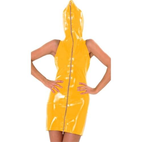Ladies Hooded Mini Dress Novelty Sleeveless Zipper Front Wetlook Vinyl PVC Dresses Sexy Bodycon Clubwear Party Cosplay Plus Size