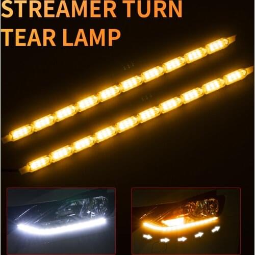 2Pcs DRL LED Daytime Running Light Strip Flexible Waterproof Headlight Turn Signal Yellow Lamp Car Decorative Driving Lights 12v