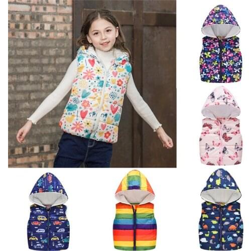 2020 Cheaper Autumn Winter Warm Kids Vests For Boys Cartoon rainbow Dinosaur Outerwear Sleeveless Hooded Jackets Baby Boy Coats