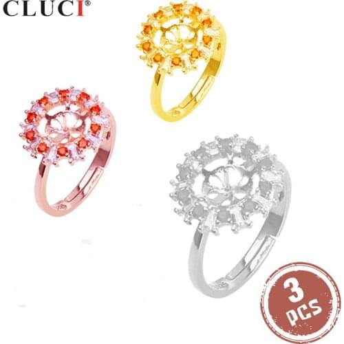 CLUCI 3pcs 925 Sterling Silver Zirocn Rings for Women Silver 925 Pearl Ring Mounting Adjustable Rose Gold Wedding Ring SR2154SB