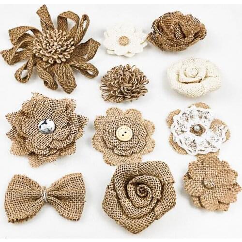 9Pcs Linen Flower Lace Linen Rose Flower Appliques For Christmas Party Decor Manual DIY creativity decoration material
