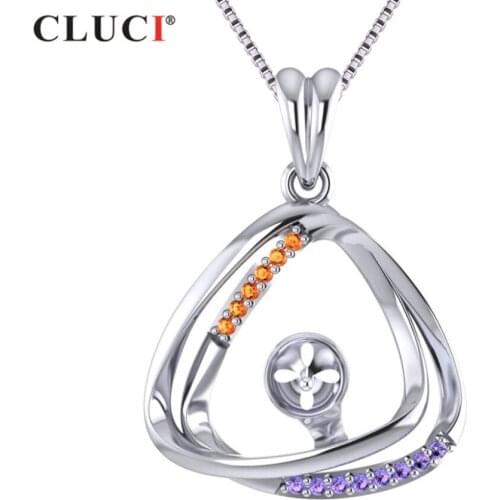 CLUCI 925 Sterling Silver Pink & Blue clear CZ Triangle Pearl Pendant Necklace Women Accessories ,SP321SB