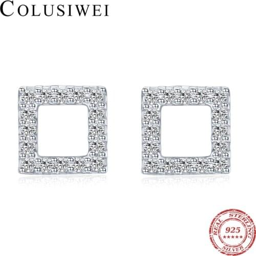 COLUSIWEI 2020 New 925 Sterling Silver Clear CZ Hollow Square Stud Earrings For Women Geometric Ear Pin OL Style Fashion Jewelry