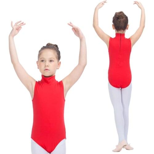 Kids Ballet Leotards Red Cotton/Lycra Turtle-neck Tank Leotards Girls Practice Dancewear Full Sizes