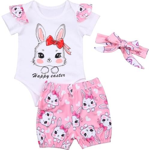 OPPERIAYA Toddler Cartoon Print Three-pieces lovely Set Infant Baby Girls O-neck Short Sleeve Bodysuit Short Pants Headband Set