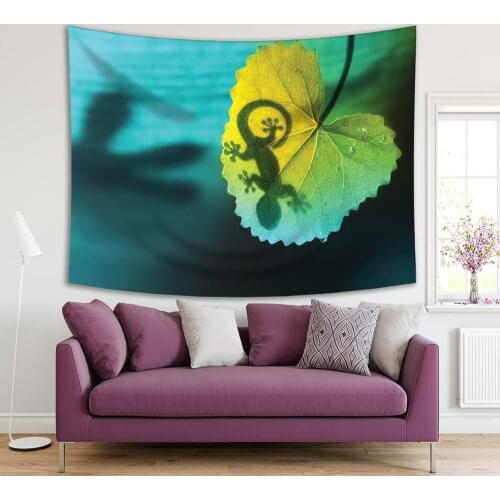 Tapestry Lizard Shadow on A Tropical Leaf Exotic Jungle Animals Wild Life Nature Printed Photo Green Blue