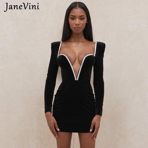 JaneVini Sexy V Neck Wired Diamond Velvet Black Dress Long Sleeves Padded Shoulder Bodycon Women Winter Club Evening Party Dress