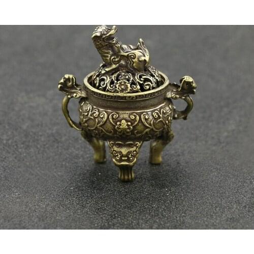 Chinese Antique Brass Three Legs Qilin Carved Incense Burner Figurines Ornaments Ancient Beast Censer Copper Desktop Decoration
