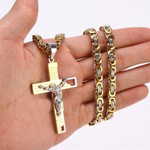 Classic Religious Mens Two Tons Stainless Steel Jesus Christ Bible Cross Pendant Byzantine Necklace 18"-30"