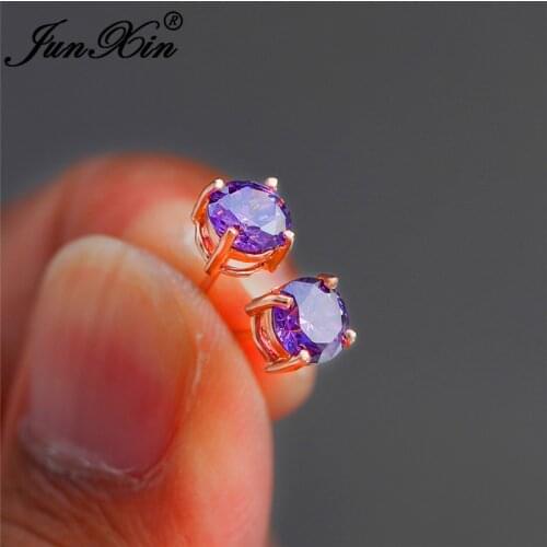 6/8MM Cute Round Earrings Rose Gold Charm Purple White Red Stone Zircon Wedding Double Earrings For Women Minimalist Ear Jewelry
