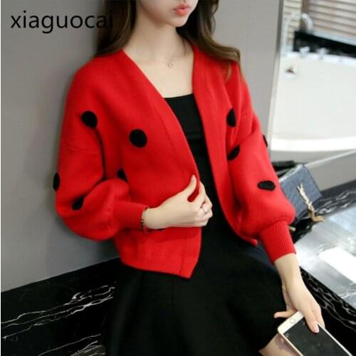 Cute Dot Style Women Cardigans Winter Knitted Crop Sweaters Cotton Flare Sleeve Female Cardigans Open Stitch Sweaters K142 35