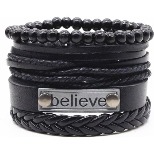 Multilayer 4pcs/set Weave Bead Alloy Cross Archor leaf Believe Words Charm Men Leather Bracelets Women Homme Female Jewelry
