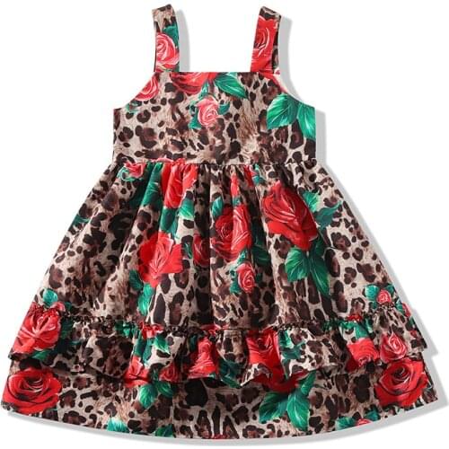 New pattern rose dress for girls 2-5T summer beach holiady boho sling vest dresses Leopard floral princess 90-130CM slip dress
